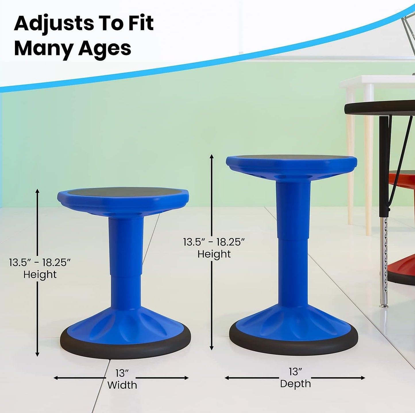 Flash Furniture Carter Adjustable Height Active Learning Stool for Classrooms, Backless Wobble Stool with 360-Degree Swivel, 14" - 18" H, Blue