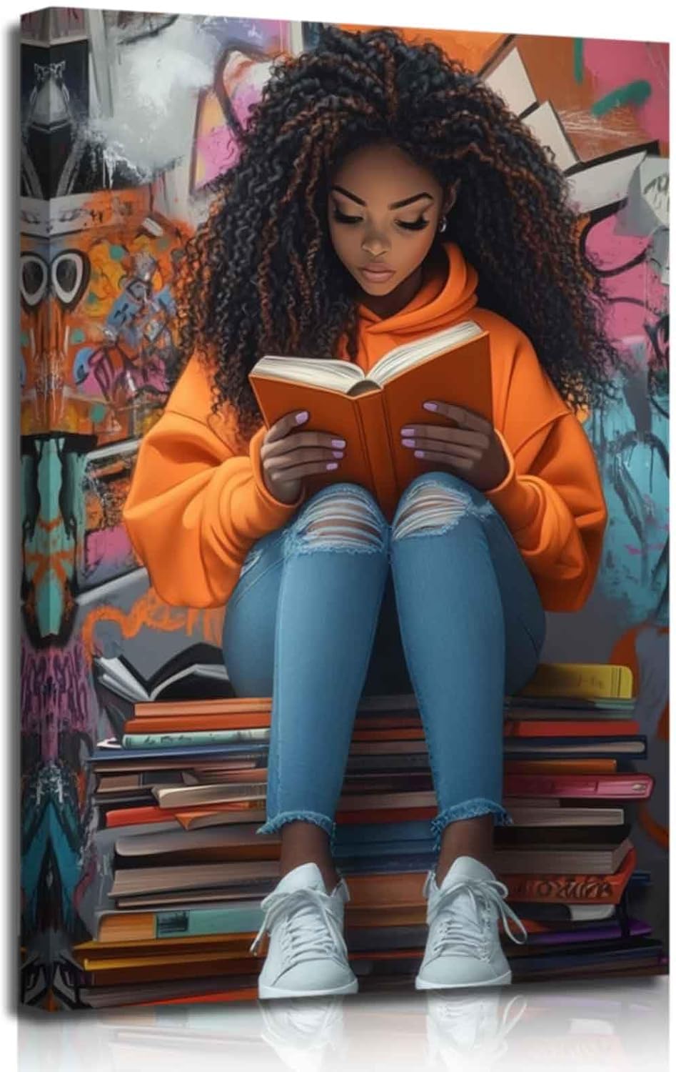 ZSHARTSWD Black Girl Reading Book Wall Art African American Canvas Print Black Woman Picture Inspiring Book Lover Painting for Teen Girls Bedroom Decor Framed (Orange, 18L x 12W)