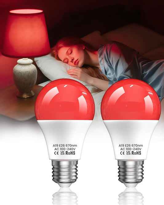 7W 670nm Red Light Bulb for Sleep, 100% Blue Light Blocking Red Night Light Bulbs for Melatonin Promote, A19 E26 50W Equivalent LED Red Bulb for Bedroom Lamp, Baby Nursery, Reading, 2-Pack