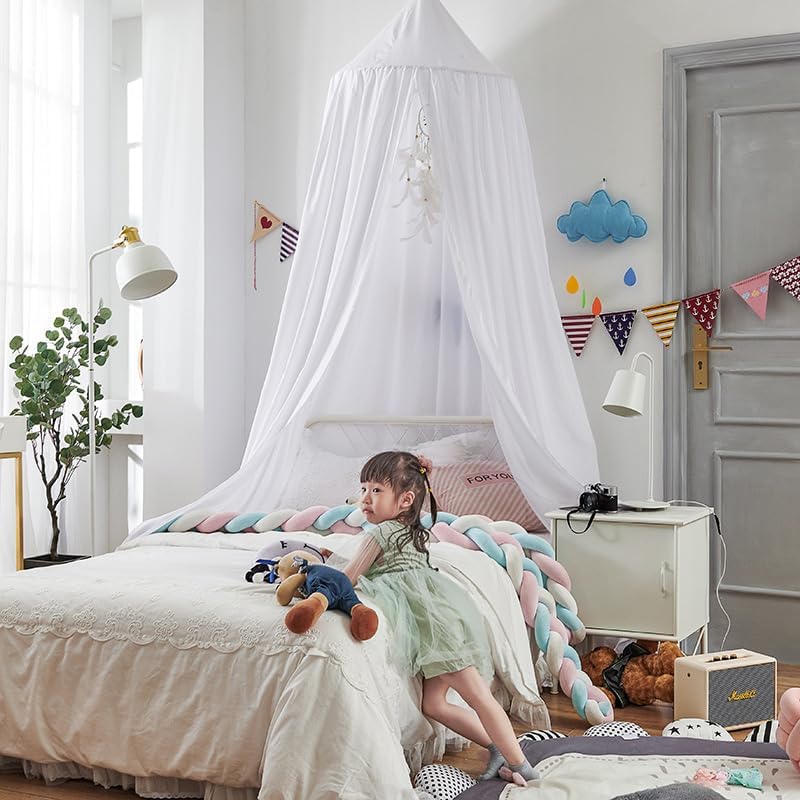 Bunnikins & Clover Bed Canopy for Girls Boys Bedroom Decor, Round Dome Mosquito Net for Baby Crib, Nook Castle Game Tent Nursery Decoration for Child, Play or Reading (White)