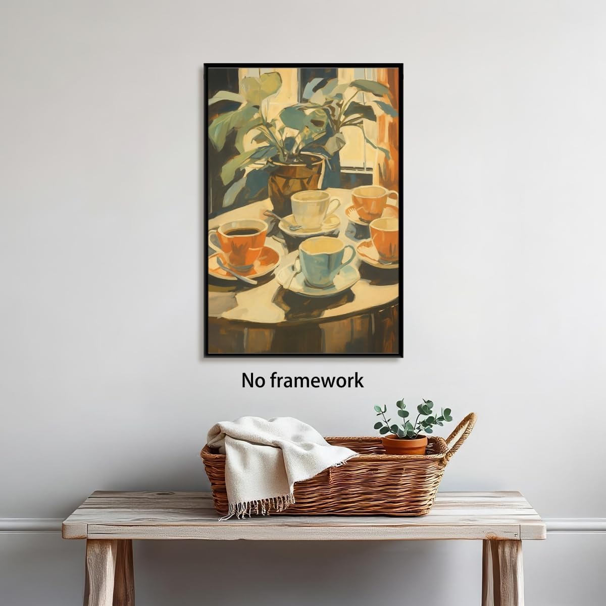 Retro Coffee and Plant Wall Art Vintage Coffee Table Moment Oil Painting Poster with Colorful Cups Prints Cozy Home Decor for Bedroom Kitchen Dining Room Reading Nook 12x18inch Unframed