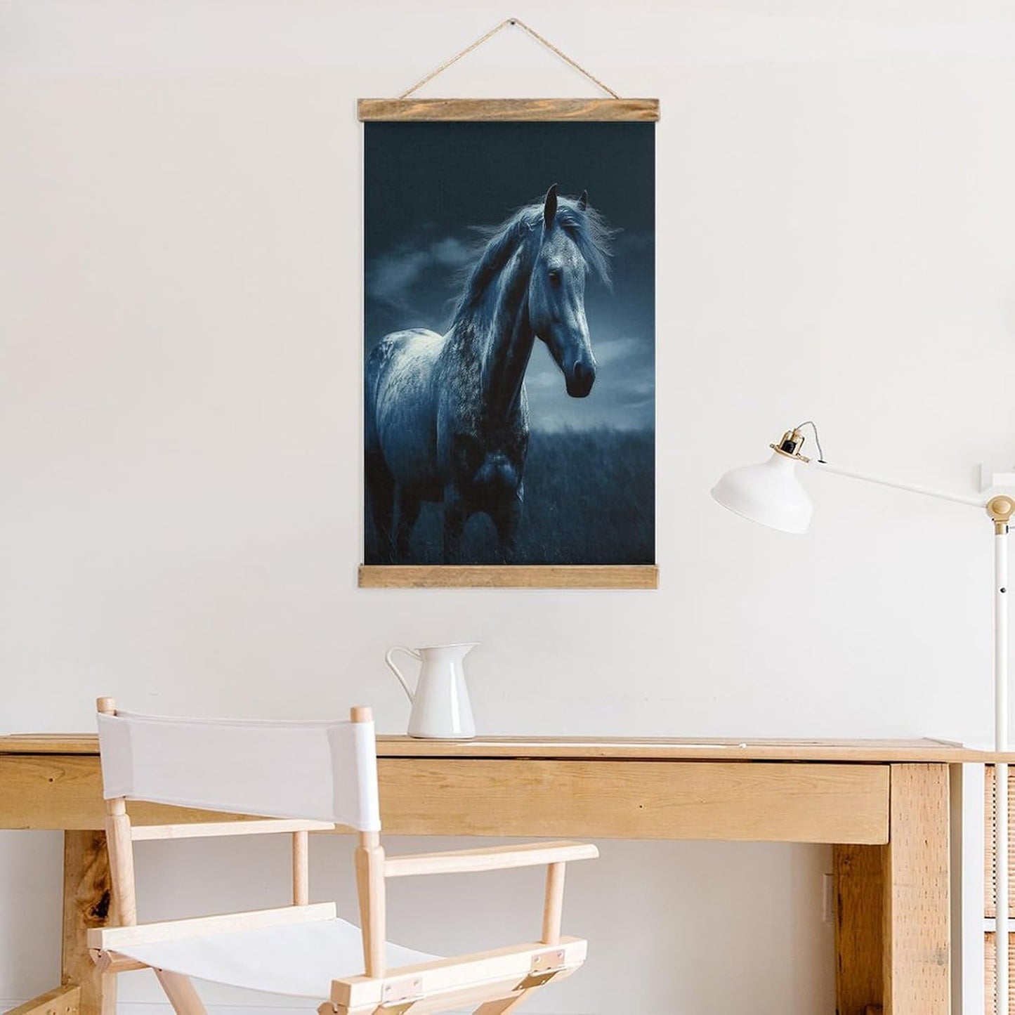 Vintage Blue Horse Poster with Wooden Frame Personalized Linen Hanging Scroll Painting Rustic Wall Hanging Illustrative Modern Artwork Decor for Home Living Room Bedroom Office