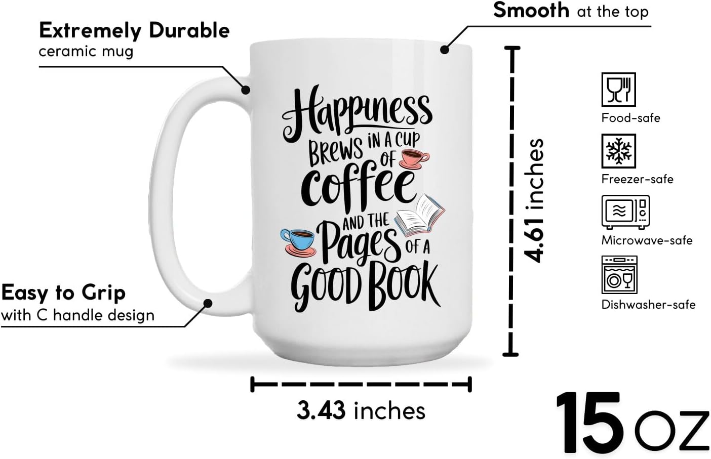 Book Lovers Coffee Mug 15oz White -Happiness Brews - Gift for Book Club Bookworm Bookish Reading Nerdy Avid Readers Women