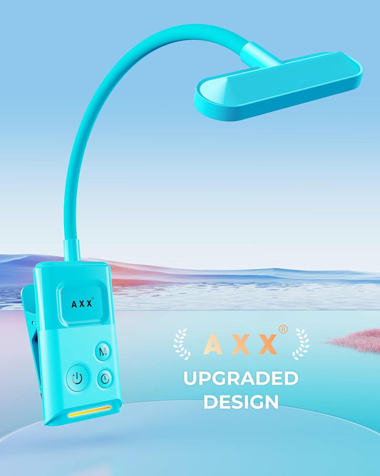 AXX Clip on Book Light for Bed, Rechargeable Reading Lamp for Kids, 1000mAh Battery Operated, 30/60 Minutes Timer, Lighting Accessories for Travel Car at Night - Misty Blue