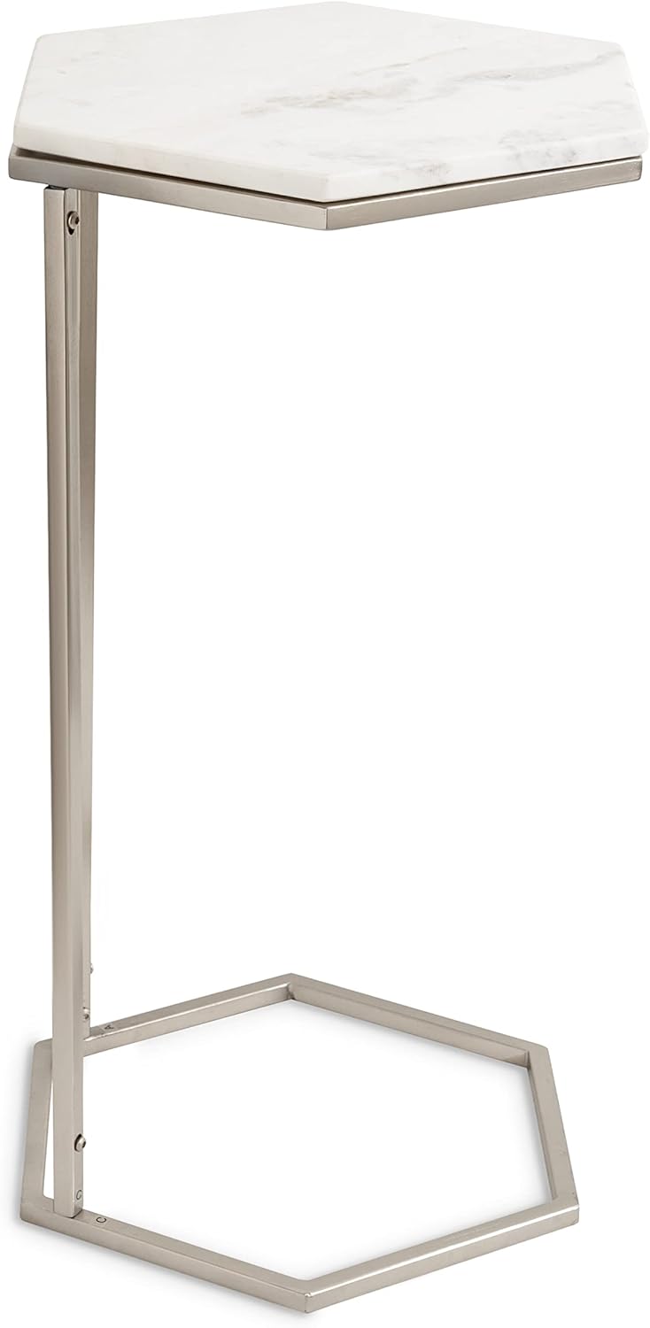 Kate and Laurel Trillion Modern C-Table; 16 x 14 x 28; Silver; Chic Marble Accent End Table with Geometric Hexagon Top