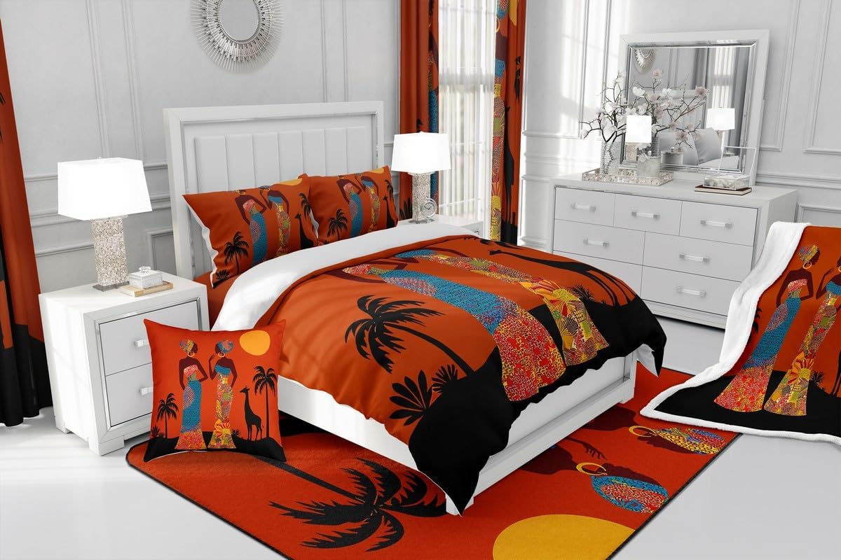 African Woman Themed Warm Plush Blanket Brown African Pattern Fleece Blanket Ethnic Afro Giraffe Sherpa Throw Blanket for Sofa Couch Women Room Decor Black Palm Tree Print Blanket Throw 50"x60"