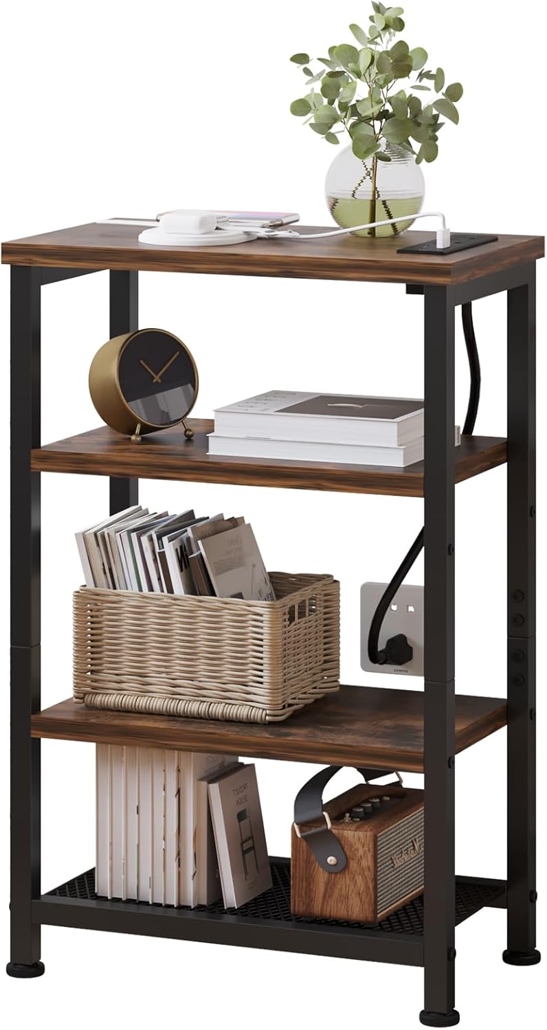 Narrow Nightstand with 4-Tier Shelves, Small Side Table with Charging Station, Skinny Nightstand with Bookshelf, Thin End Table with USB Ports and Outlets, Bed Side Table for Bedroom, Home Office