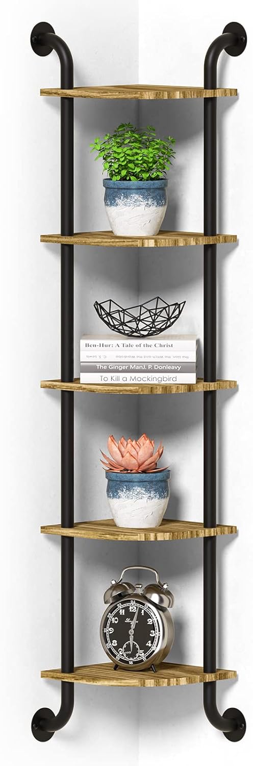 Corner Shelf Wall Mount 5-Tier, Wall Decor for Home Living Room Bedroom, Wall Corner Shelves Bookshelf, Rustic Industrial Pipe Shelves Thanksgiving Day, Brown