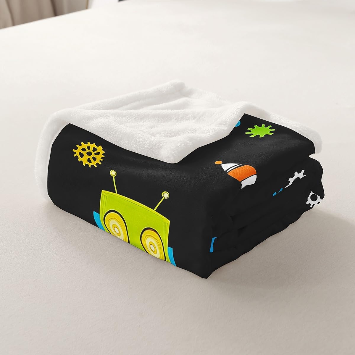 Cute Robot Kids Throw Blanket,Modern Watercolor Intelligent Machine Bed Blanket for Boys Girls,Cartoon Equipments Tools Fleece Blanket,Black Fuzzy Blanket,40 x 50 Inches