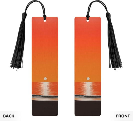 Sunset Over Water Bookmarks Gifts for Women Men, Wooden Bookmarks for Book Lovers, Vintage Book Marks Ornaments with Tassel, Unique Personalized Reading Page Markers Black