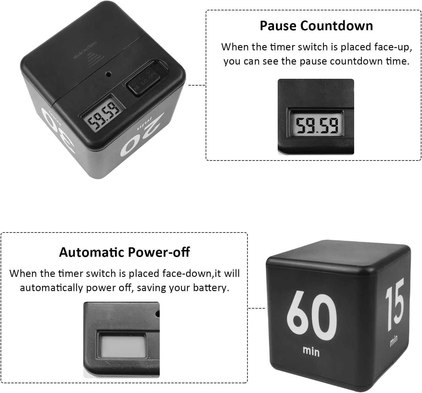 Feilifan Cube Timer, Kid Focus Study Timer Kitchen Work Timer Time Block Cube Gravity Flip Time Block Cube 1-3-5-10 Minutes Time Management, Black