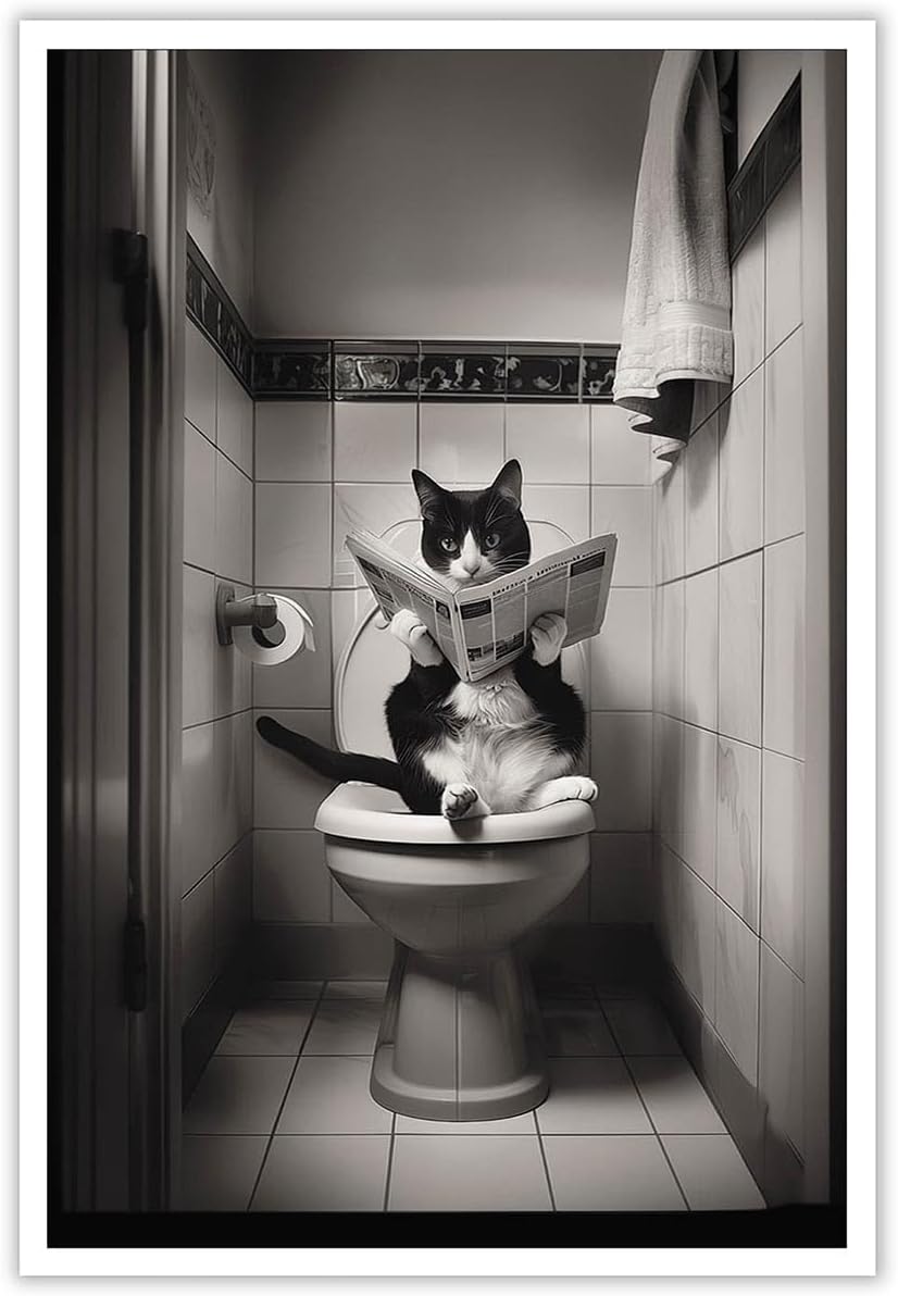 Beshdomp Vintage Cute Cat Reading On Toilet Newspaper Posters Black And White Canvas Wall Art Funny Animals Room Aesthetic Prints Painting For Home Bedroom Dorm Wall Decor 12x16in Unframed