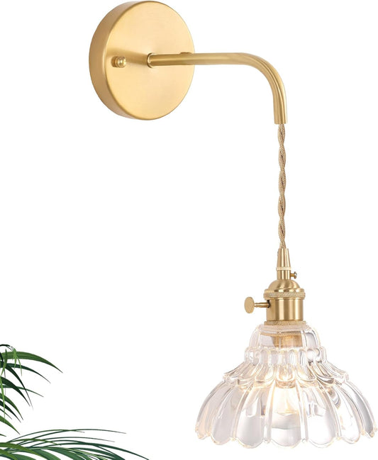 Vintage Wall Sconce with Clear Lily of the Valley Shade Pattern Glass Adjustable Chain Retro Gold Wall Mounted Light, Modern Wall Lamp Fixtures Decor for Bedside Bedroom Indoor Doorway