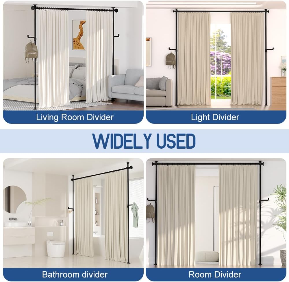 KELIXU Room Divider Curtain Rod No Drilling, 4-10ft (W) x 4-10ft (H) Room Partition with Hanging Hooks, Floor to Ceiling Divider for Room Separation, Adjustable Heavy Duty Tension Rods, Black
