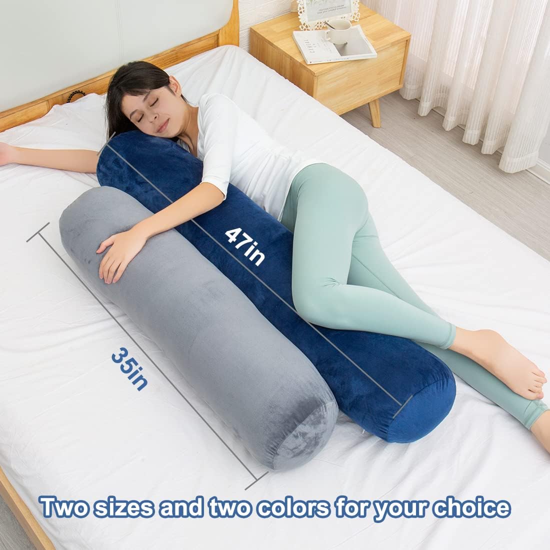 Body Pillow for Adults, Bolster Pillow with Removable Velvet Cover, Long Round Cervical Roll Pillow, 47 x 7.87 Inches, Grey