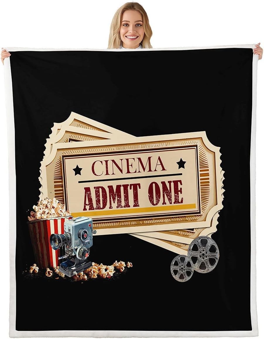 Feelyou Movie Ticket Popcorn Sherpa Throw Blanket for Couch Film Projector Soft Cozy Fleece Vintage Theater Cinema Blanket for Winter, Plush Throw Classic Movie Ticket Pattern Baby 30"x40" All Season