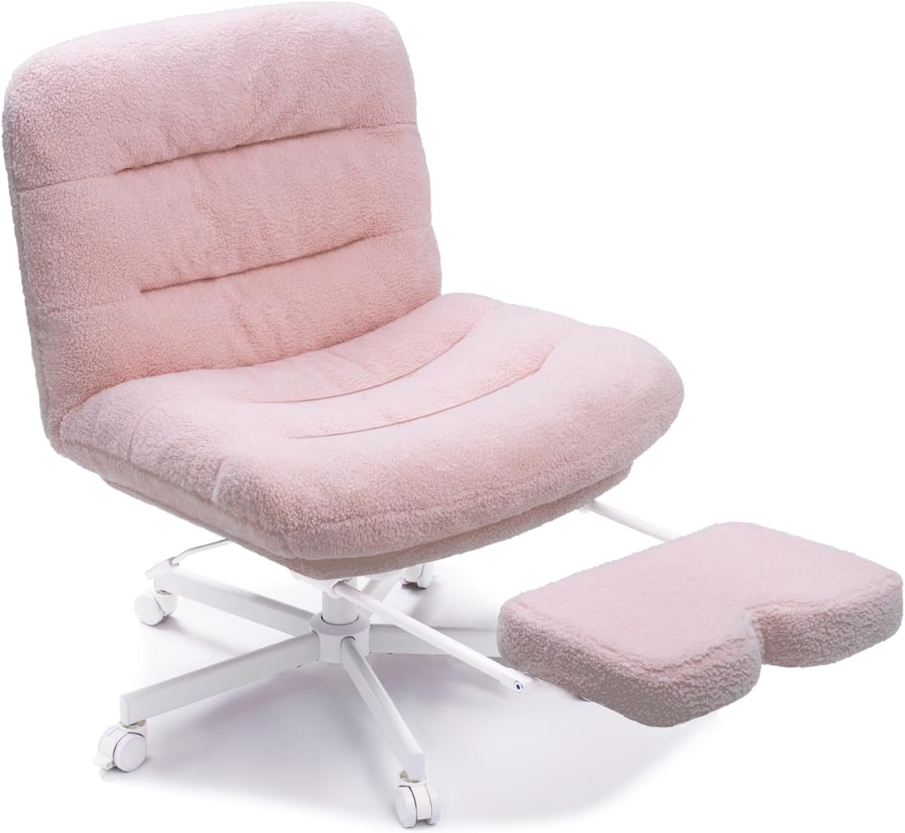 Wide Cross Legged Office Chair with Footrest, 400LB Capacity, Rocking, Height Adjustable, Locking Wheels & Armless. Ideal for Work, Gaming, Reading, Makeup - Teddy Plush Pink