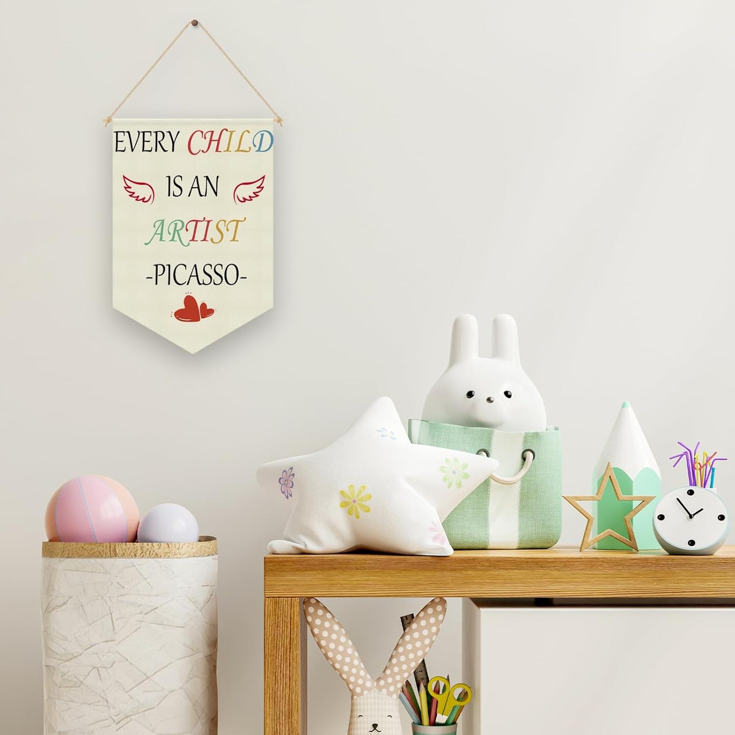 Every Child Is an Artist Quote Wall Hanging Banner Nursery Wall Decor Hanging Pennant Flag Banner Inspirational Quote Decor for Kids Room Nursery Classroom Playroom Bedroom Linen Cotton Flag