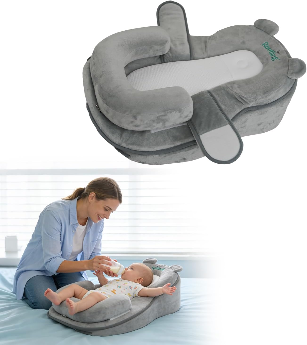 Rootling Baby Feeding Pillow, Anti Overflow Feeding Pillow for Reducing Spit-Up, Safety Nursing Pillow, Baby Lounger Reflux Wedge Breastfeeding, Removable top and Bottom
