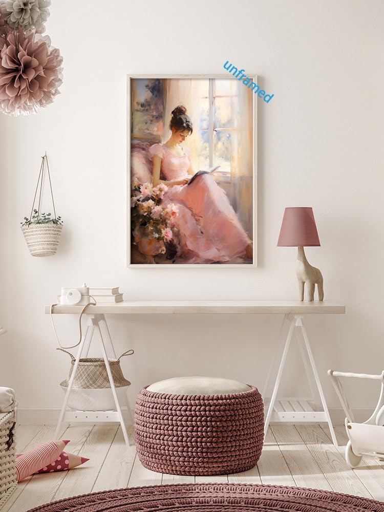 Huabsad Vintage Portrait Oil Painting Wall Art Retro Pink Girl Reading A Book Posters Famous Antique Female Canvas Pictures Prints Wall Decor Aesthetic for Bedroom Gallery Dorm 12x16in Unframed