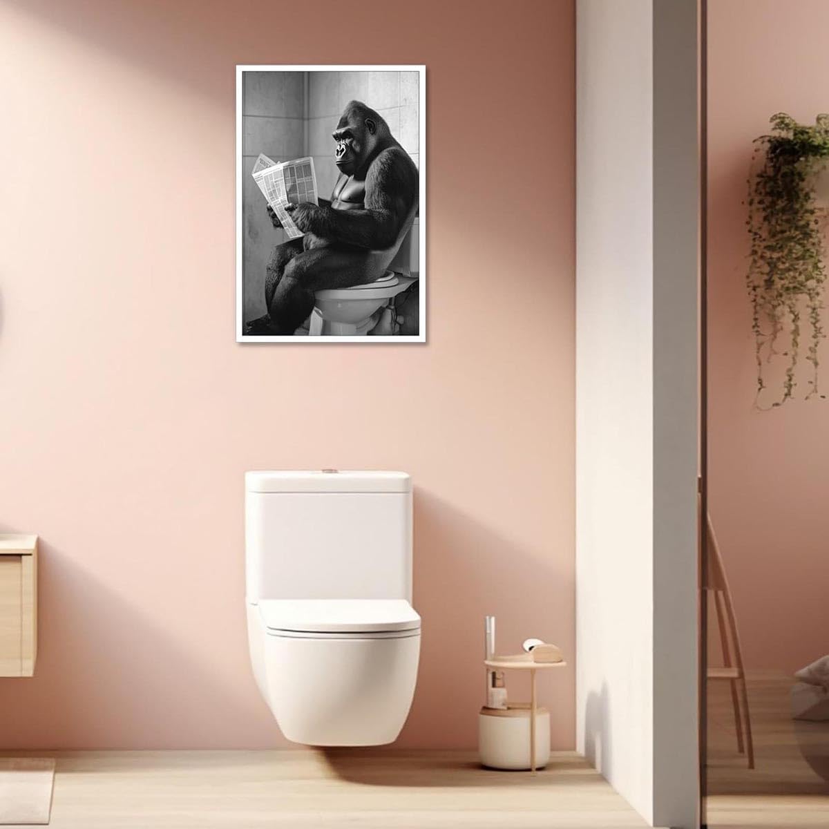 Vintage Funny Gorilla Sitting On Toilet Reading Newspaper Posters Black And White Modern Canvas Wall Art Cute Animal Prints Painting For Home Bedroom Dorm Wall Decor 8x10in Unframed