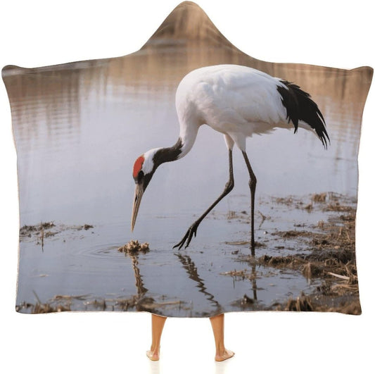 Red-crowned Crane Wearable Hoodie Blanket for Women Men Fleece Blanket with Hood Oversized Warm Cozy Gifts