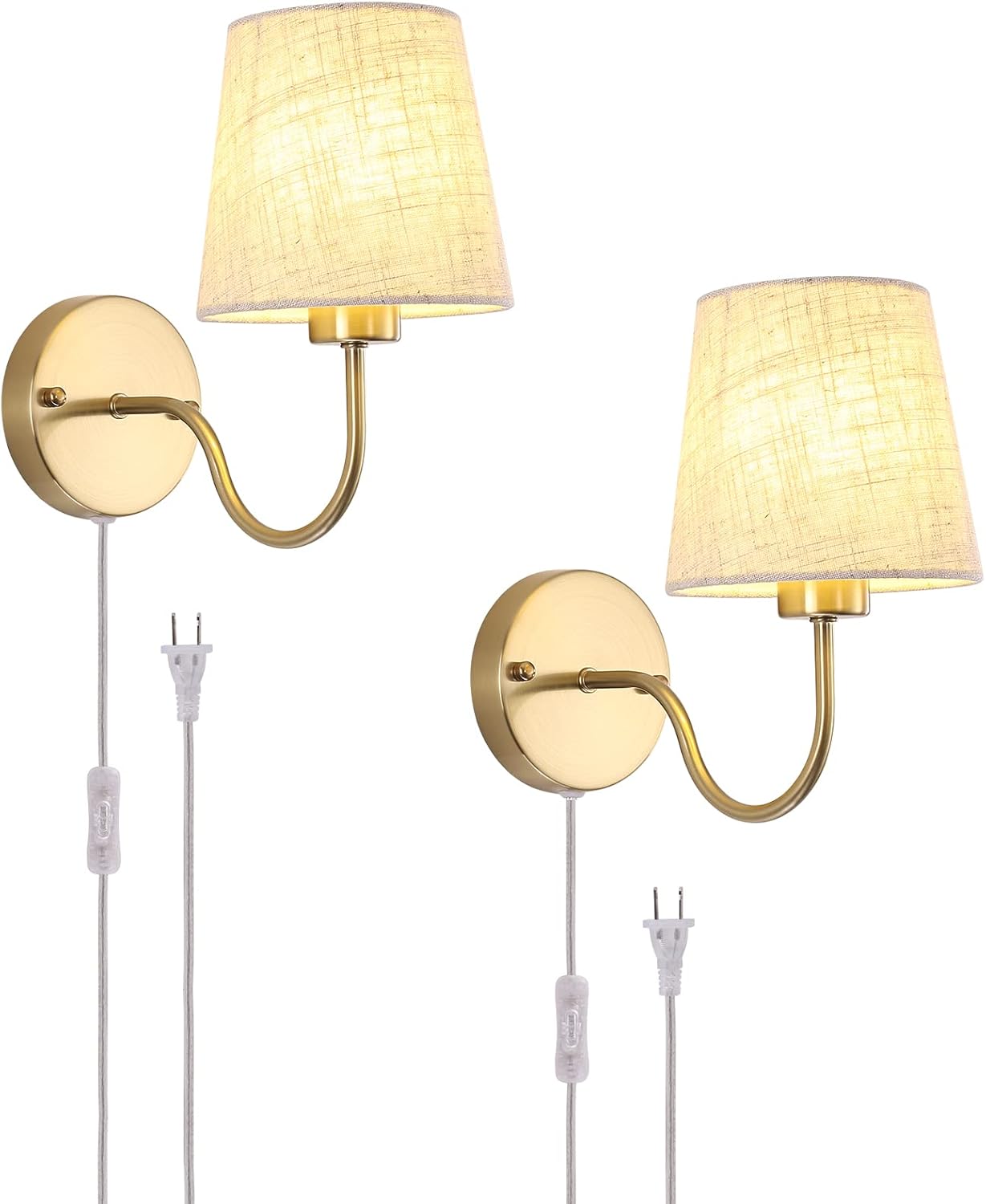 LASENCHOO Plug in Wall Sconces Set of Two, Modern Wall Lamp with Plug in Cord 6.56ft & On/Off Switch with Fabric Lampshade, Gold Sconces Wall Lighting Fixture for Bedroom Bedside Living Room Porch