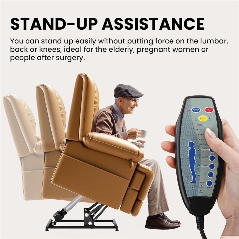 Power Lift Recliner Chair for Elderly Brown Breathable Leather Lay Flat Sleeper with Heat and Massage Infinite Position Lounge Sofa USB Ports for Living Room & Home Theater
