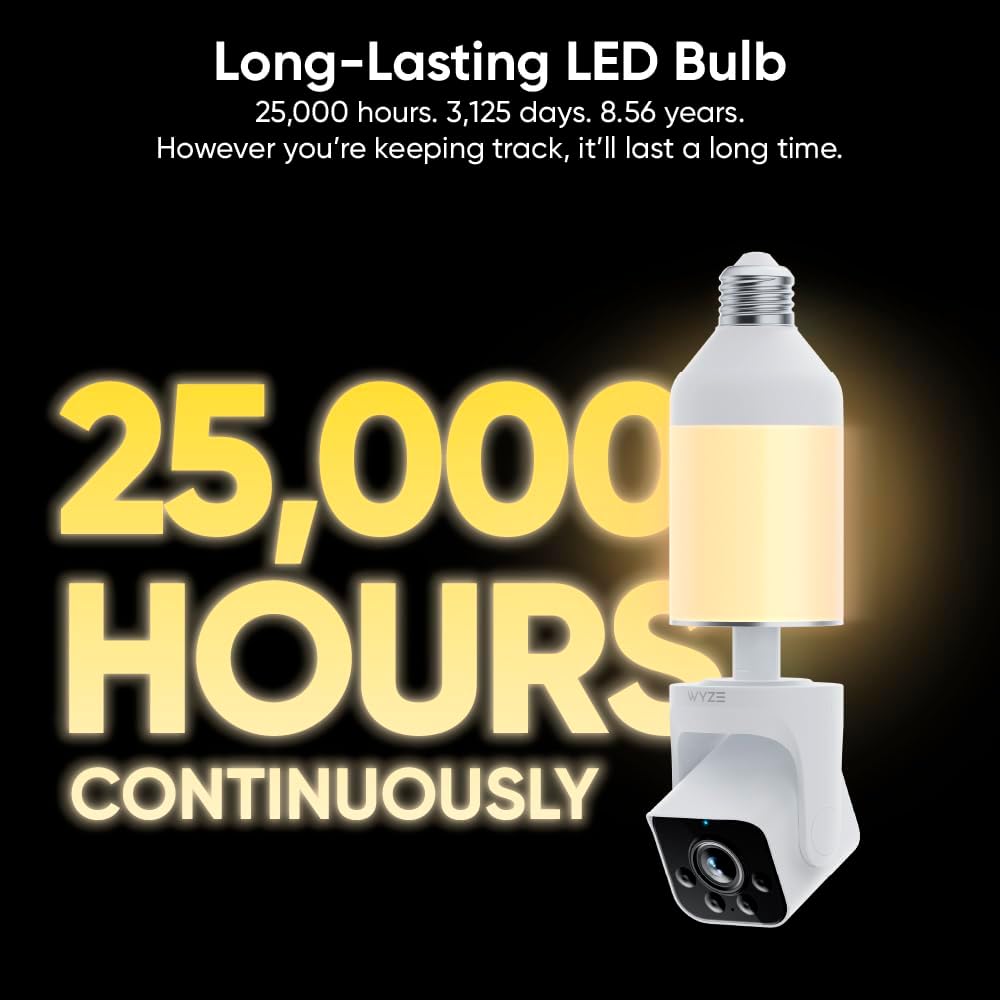 WYZE Bulb Cam Security Camera, 2K HD Outdoor Light Bulb Camera, Color Night Vision, Dimmable LED Bulb, Motion Detection, Siren Alarm, Works w/Alexa/Google Assistant. Free Expert Support