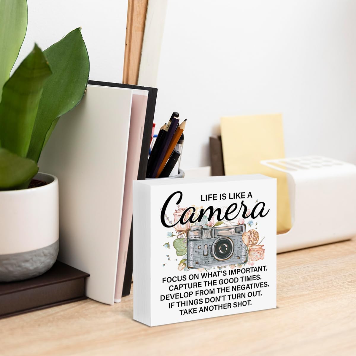 Photographer Gifts for Women, Motivational Photography Gifts for Photographers, Life Is Like a Camera Wood Block Sign Home Office Desk Shelf Decor