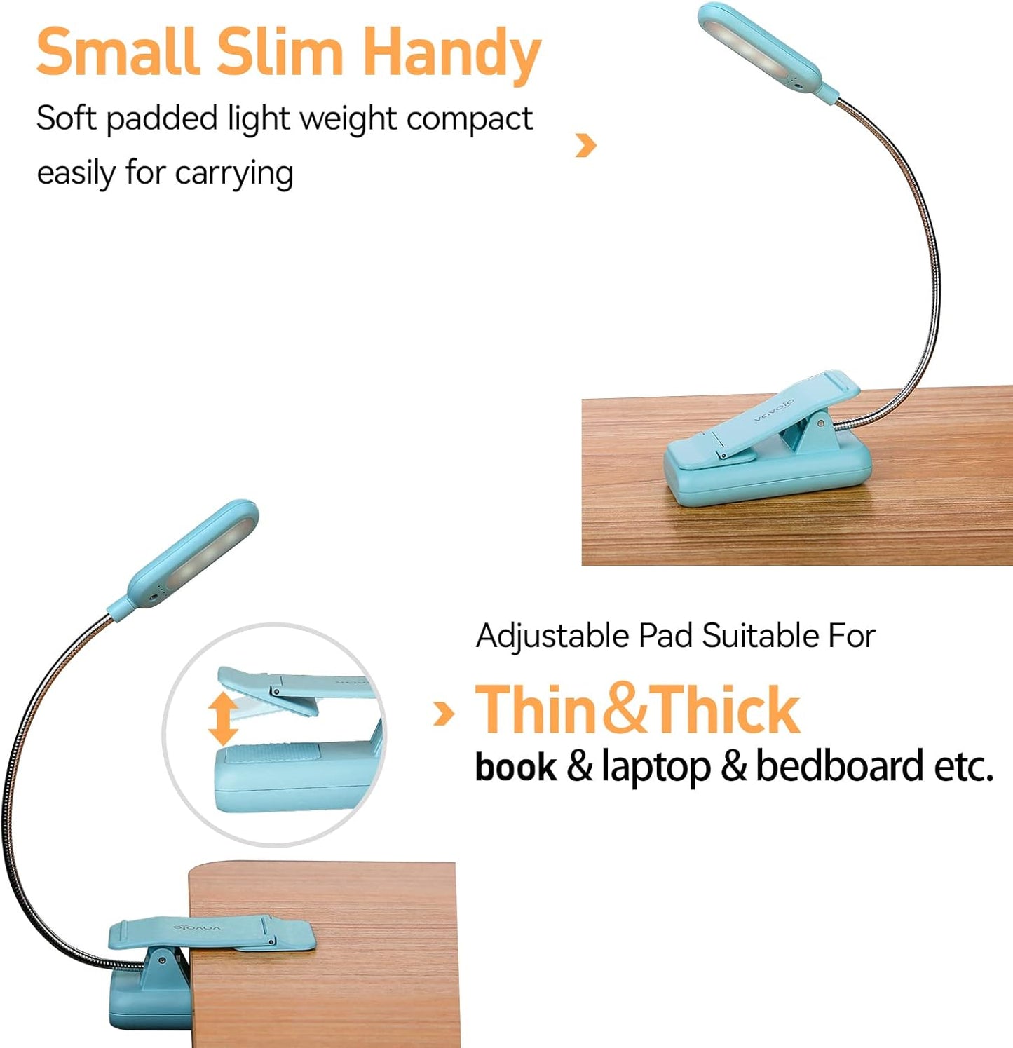 VAVOFO Rechargeable Book Light, Blue Light Blocking, Amber 1600K Clip On Reading Light, Eye Care 7 LEDs Kids Book Light for Reading in Bed with Power Indicator for Bookworms (Mint Blue)