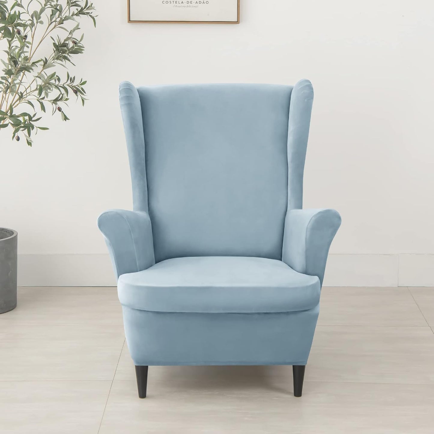 CONRUSER Stretch Wingback Chair Covers, 2 Piece Wing Chair Slipcovers Soft Velvet Armchair Covers with Elastic Bottom for Living Room Bedroom (Light Blue)