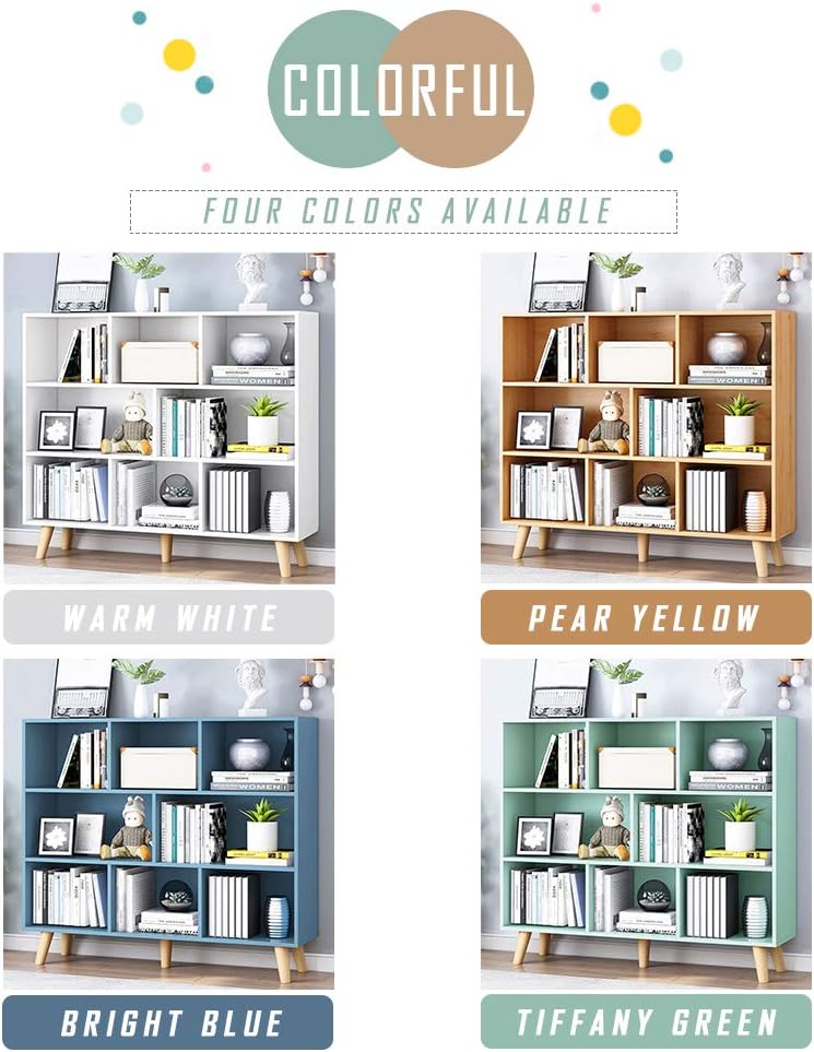 IOTXY Wooden Open Shelf Bookcase - 3-Tier Floor Standing Display Cabinet Rack with Legs, 8 Cubes Bookshelf, Tiffany-Green | Display Cabinet, Rack, with Legs, Bookshelf