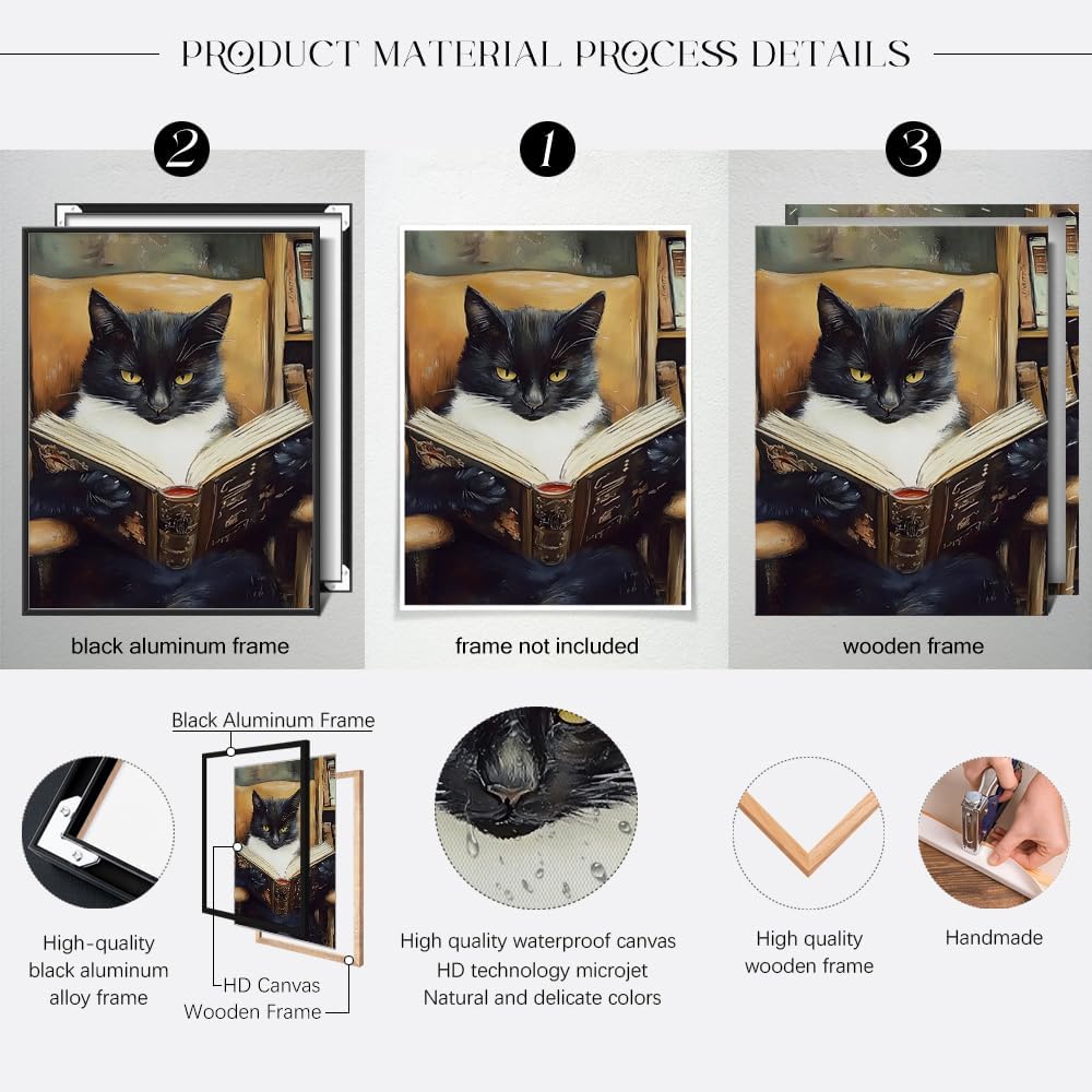 Heltrappe Funny Tuxedo Cat Reading Book Wall Art Poster Vintage black cat Painting library reading nook Book Room Dark Academia Aesthetic Kitten Art Wall Decor 08x10in Unframed