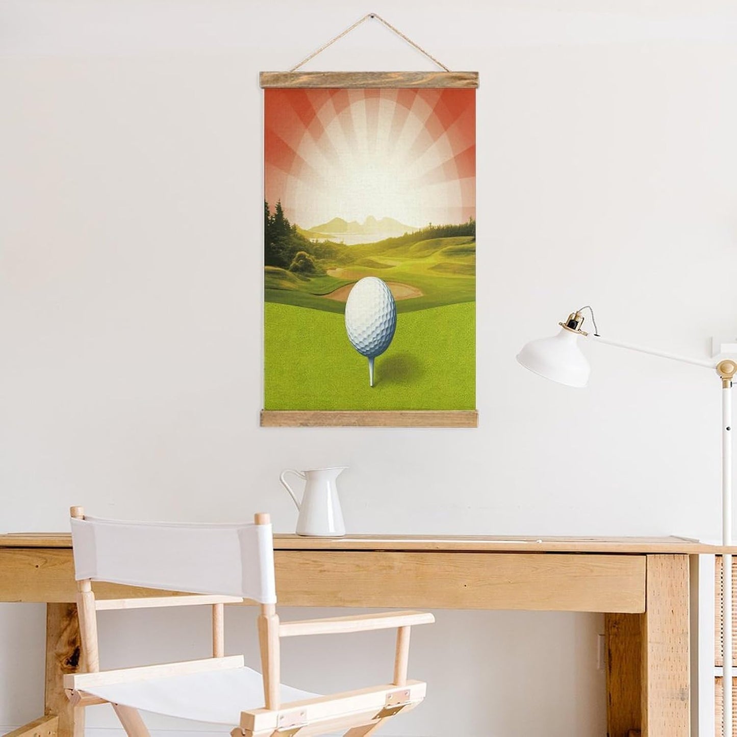 Vintage Golf Sport Poster with Wooden Frame Personalized Linen Hanging Scroll Painting Rustic Wall Hanging Illustrative Modern Artwork Decor for Home Living Room Bedroom Office
