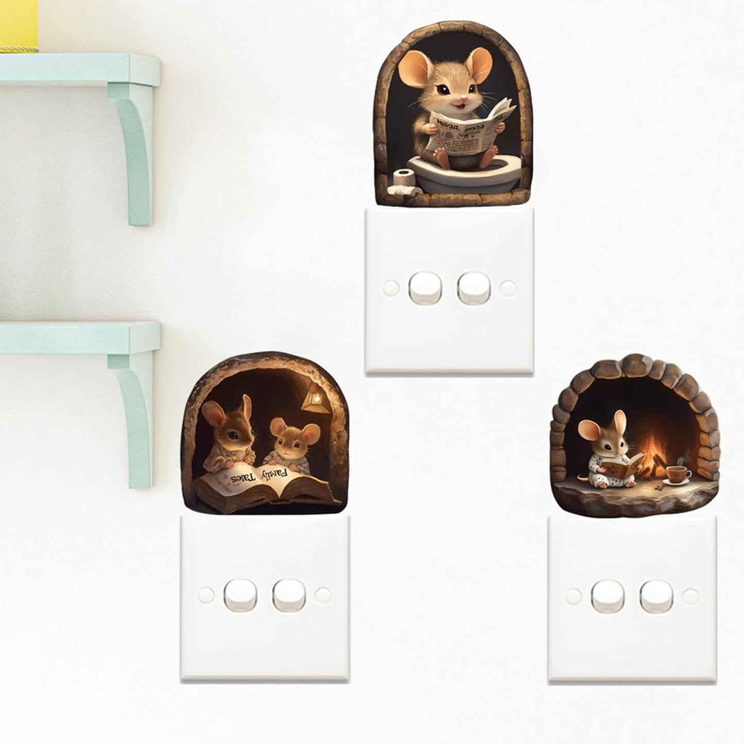 3PCS 3D Mouse Hole Wall Decals Peel and Stick – Cute Cartoon Mice Reading and Relaxing, Decorative Vinyl Wall Stickers for Kids Room, Bedroom, Nursery, Book Nook, Door Corner or Baseboard Decor
