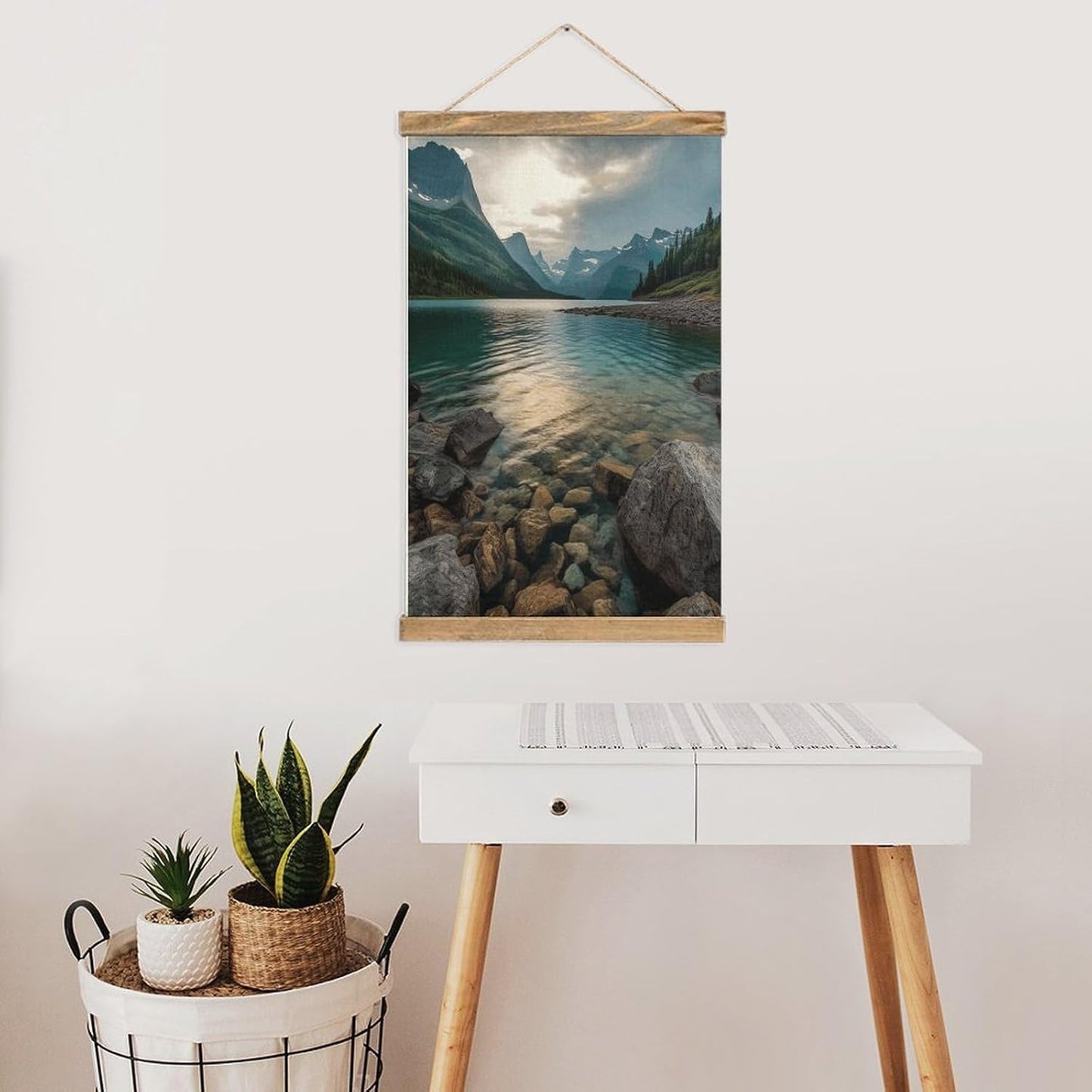 Vintage Glacier National Park Poster with Wooden Frame Personalized Linen Hanging Scroll Painting Rustic Wall Hanging Illustrative Modern Artwork Decor for Home Living Room Bedroom Office