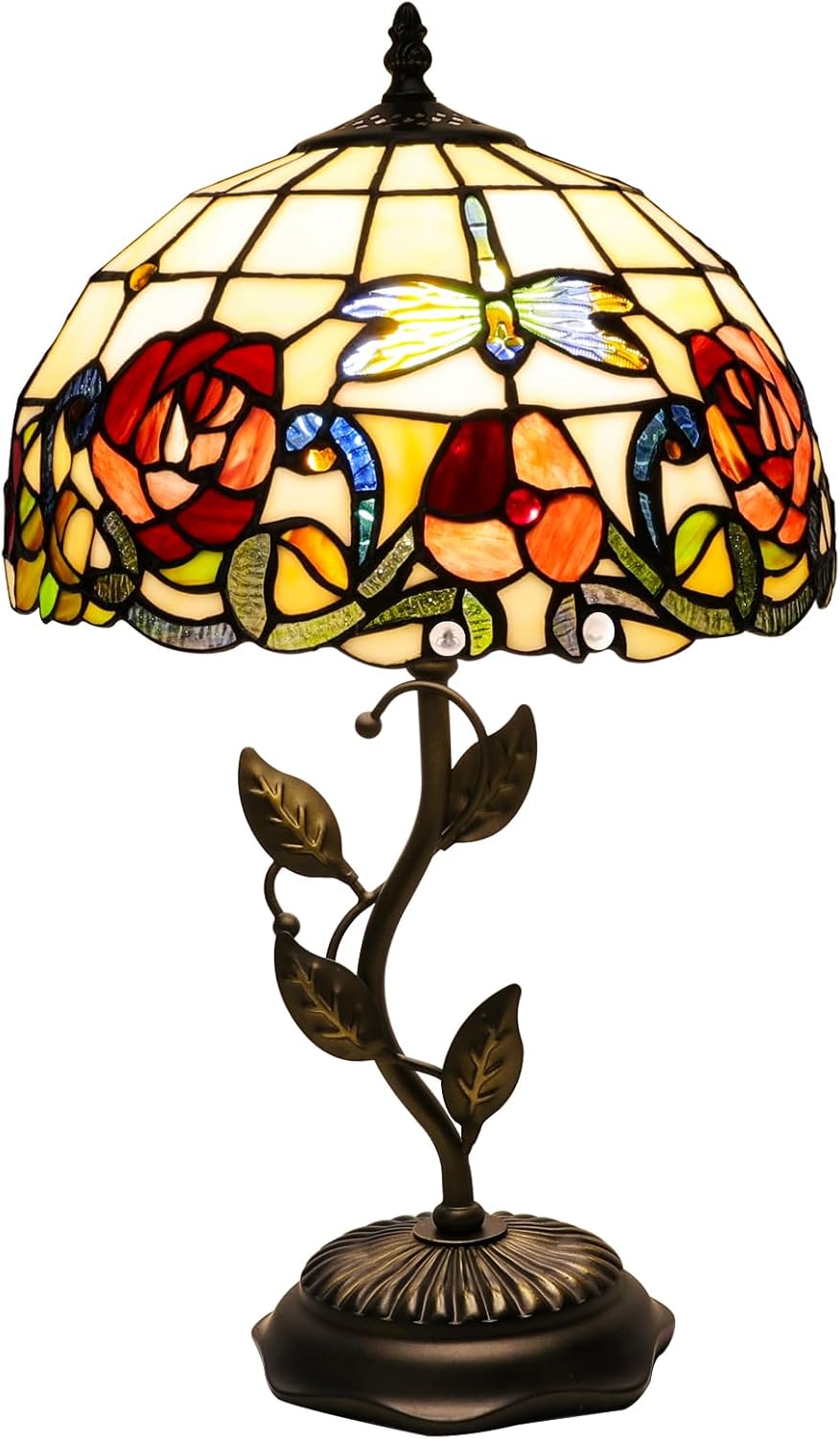 Stained Glass Table Lamp, Adjustable 3 Color Temperature, Dragonfly Rose Style Lampshade & Metal Leaf Antique Base Desk Reading Light 12X12X19 Inches Decor for Bedroom Living Room Office