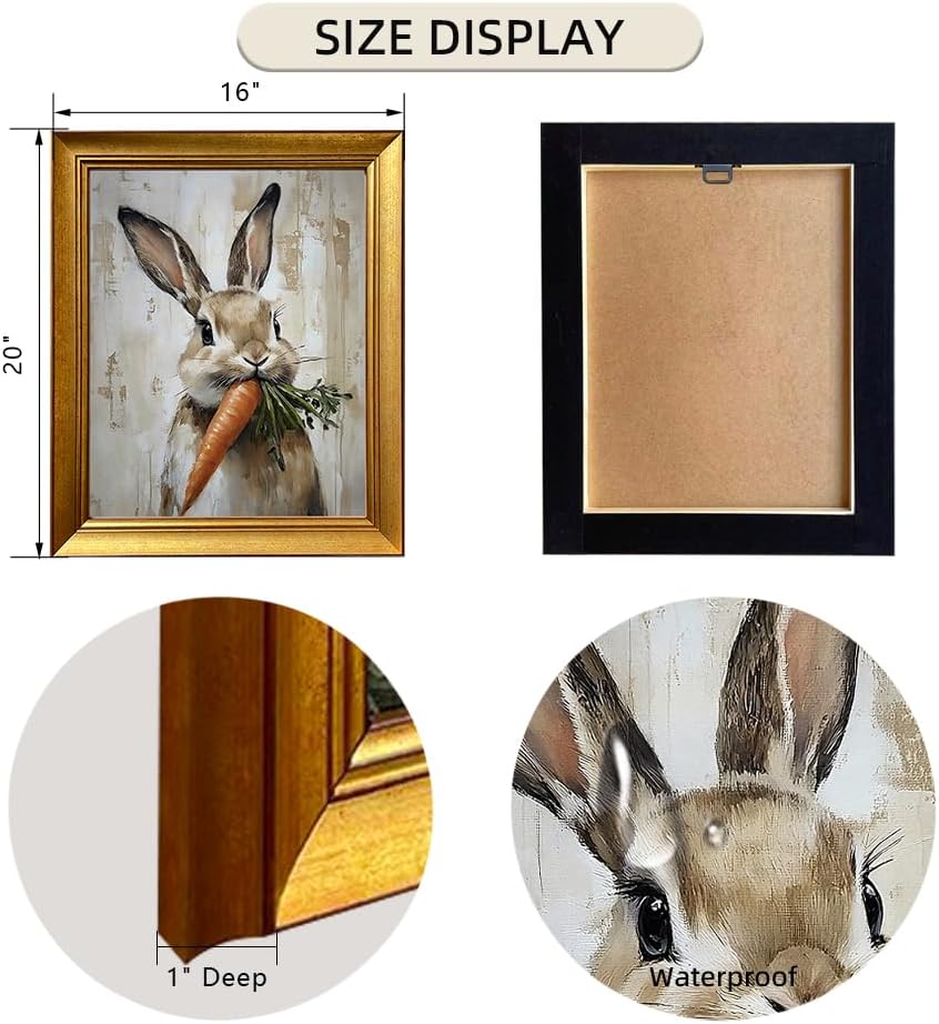Cute Easter Bunny Reading Book Oil Painting Vintage Gold Framed Wall Art Tiny Rabbig Big Glasses Canvas Print Spring Nursery Decor for Kids Room Study Room Bedroom