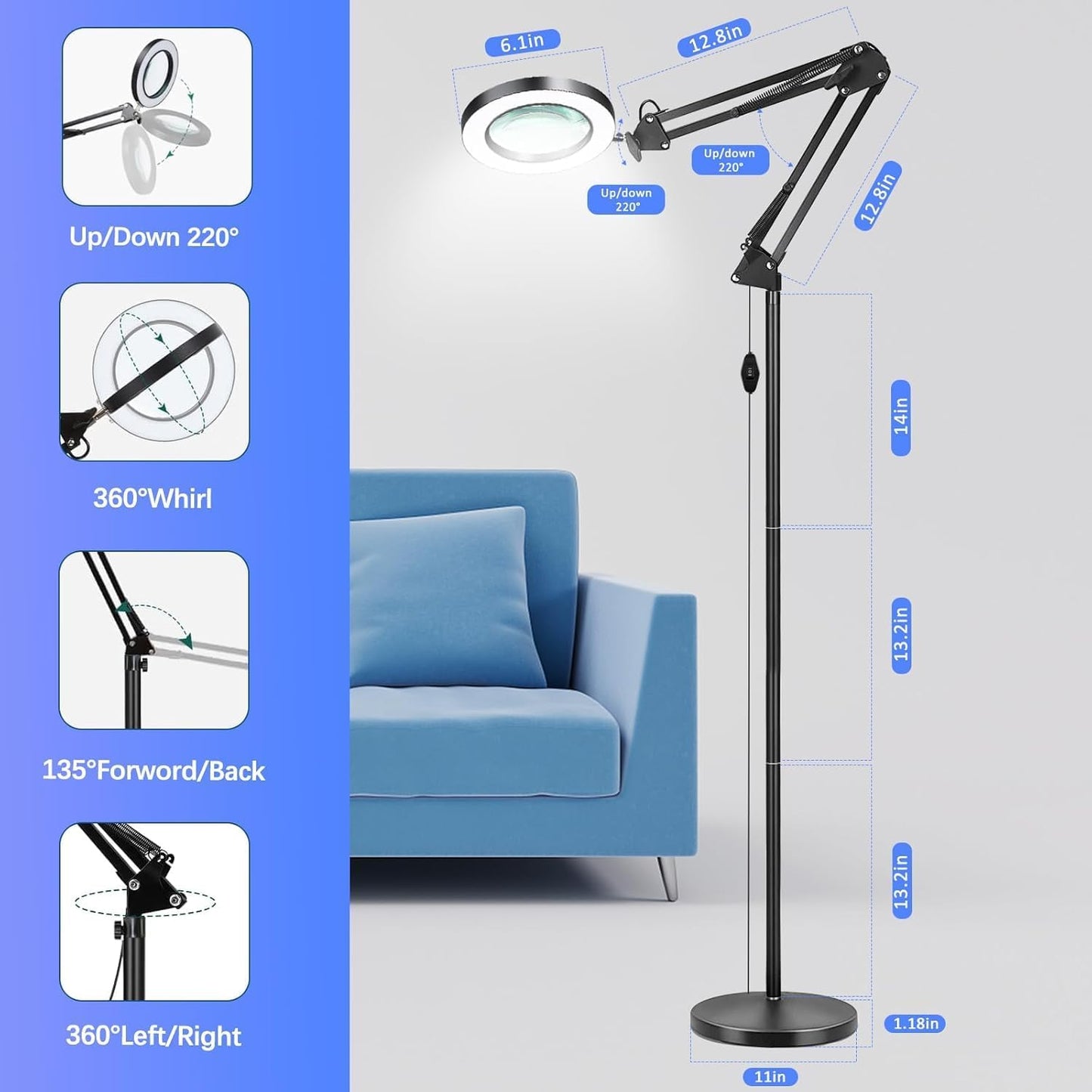 10X Large Floor Magnifying Glass with Light and Stand, 3-in-1 Adjustable Height Lighted Magnifier, 72 LED Floor Lamp 5 Color Stepless Dimmable Arm Swing Floor Magnifying Lamp for Reading