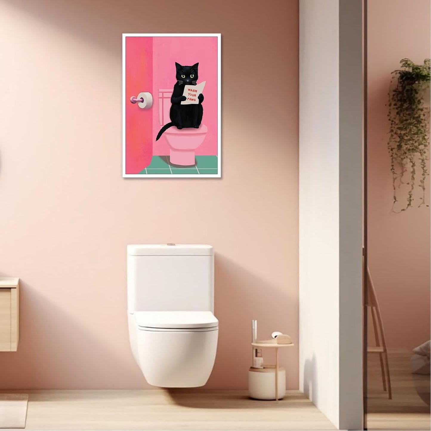 Funny Bathroom Wall Art Black Cat On Pink Toilet Reading The Newspaper Poster Cute Humorous Preppy Animal Aesthetic Prints Painting For Home Bedroom Bathroom Wall Decor 12x16in Unframed
