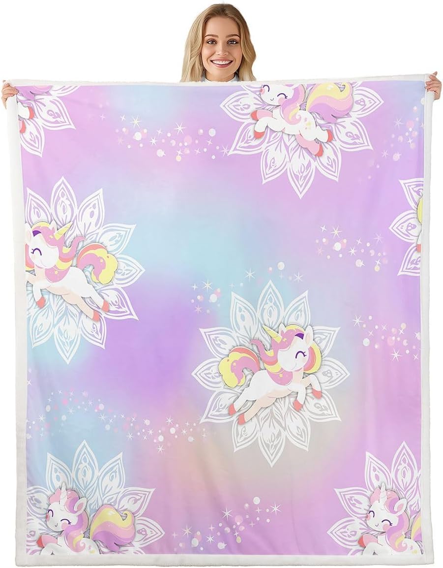 Rainbow Unicorn Fleece Blanket Twin Size for Girls Women, Pink Girly Glitter Plush Bed Blanket Sparkle Galaxy Twinkle Throw Blanket, Boho Rainbow Mandala Flower Flannel Blanket Ombre Room Decor
