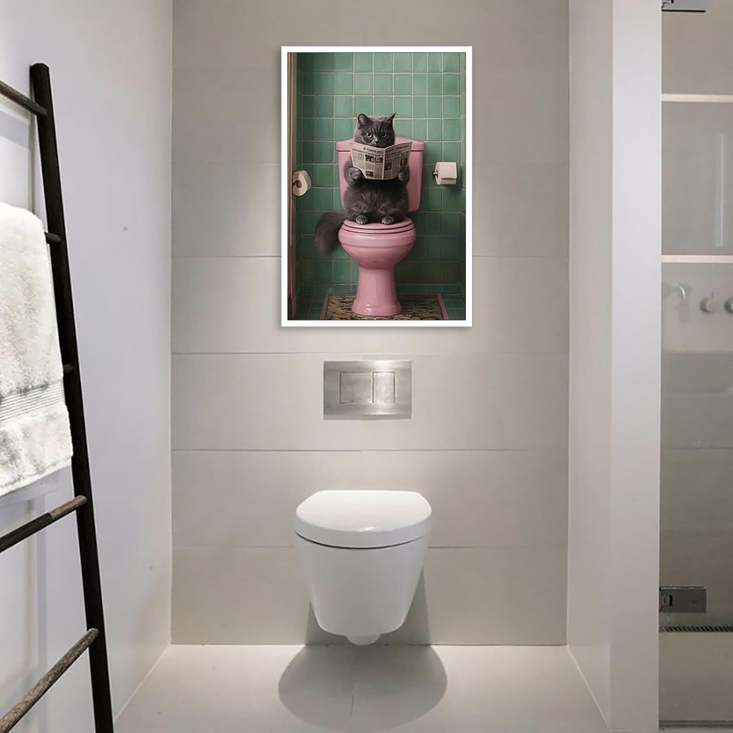 Funny Floral Art Quirky Bathroom Canvas Print Wall Art Poster Cat Reading Newspaper Print Unique Bathroom Decor Fun Animal Wall Art Funny Bathroom Sign 16X24 in Unframed