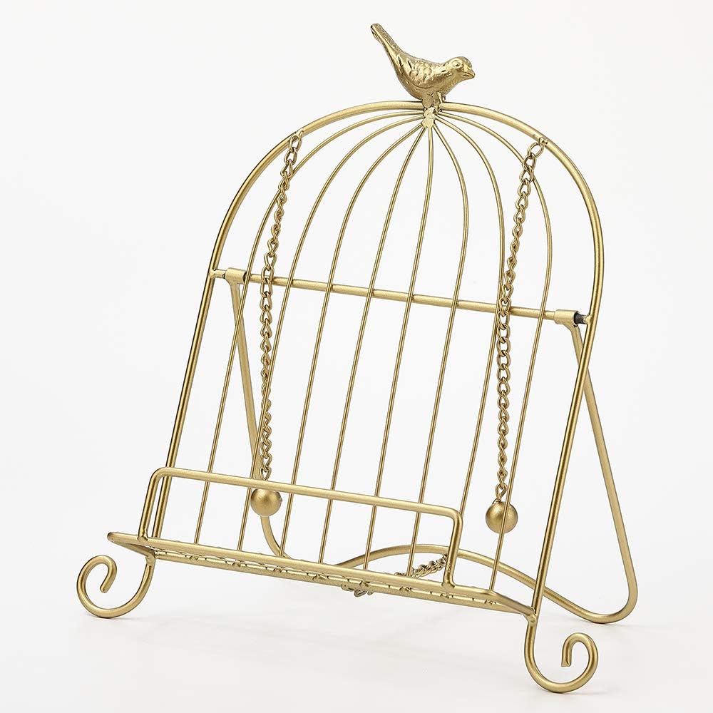 Jemeni Cookbook Stand for Kitchen, A Recipe Easel is Metal Birdcage Shaped with 2 Weighted Chains, Gold…
