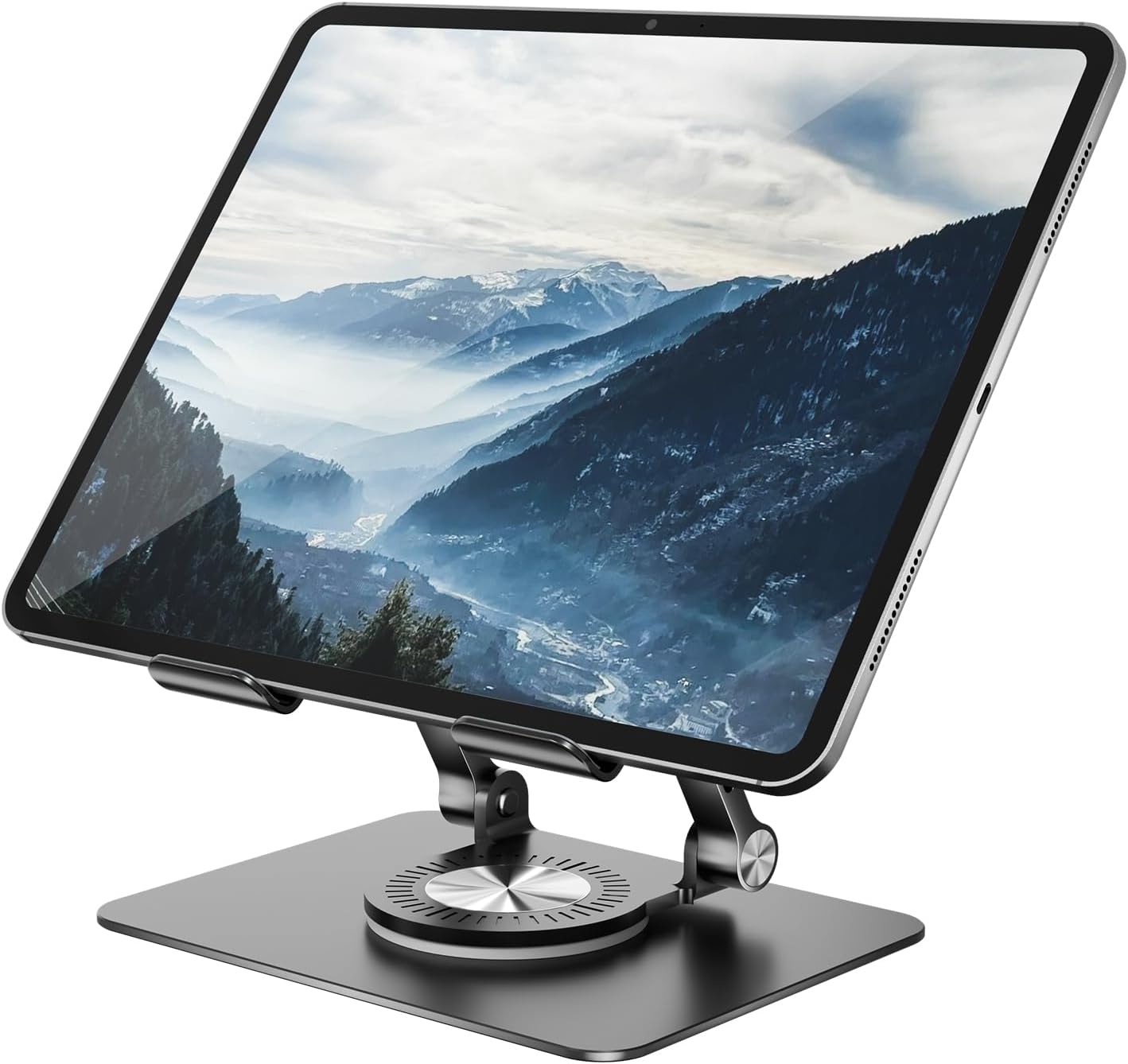 Tablet Stand Holder with 360° Rotating Base Dual Rod Aluminum Adjustable Tablet Stand for Desk Compatible with iPad Samsung Phone Kindle E-Reader and More, Black