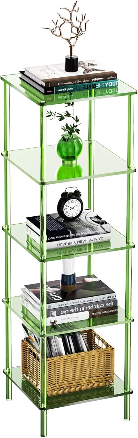 Acrylic Bookshelf, Small Bookcase, Standing Freestanding Corner Storage Shelves Display Shelf for Living Room, Bedroom (Green, 5 Tier)
