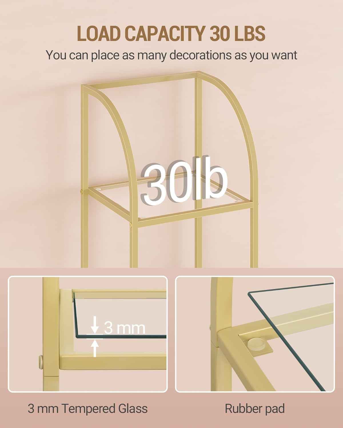 Bookcase Bookshelf, Tempered Glass Arched Bookshelf for More Storage, Slim Shelving Unit for Bedroom, Bathroom, Home Office, Steel Frame, 6 Tier Gold BC20699G