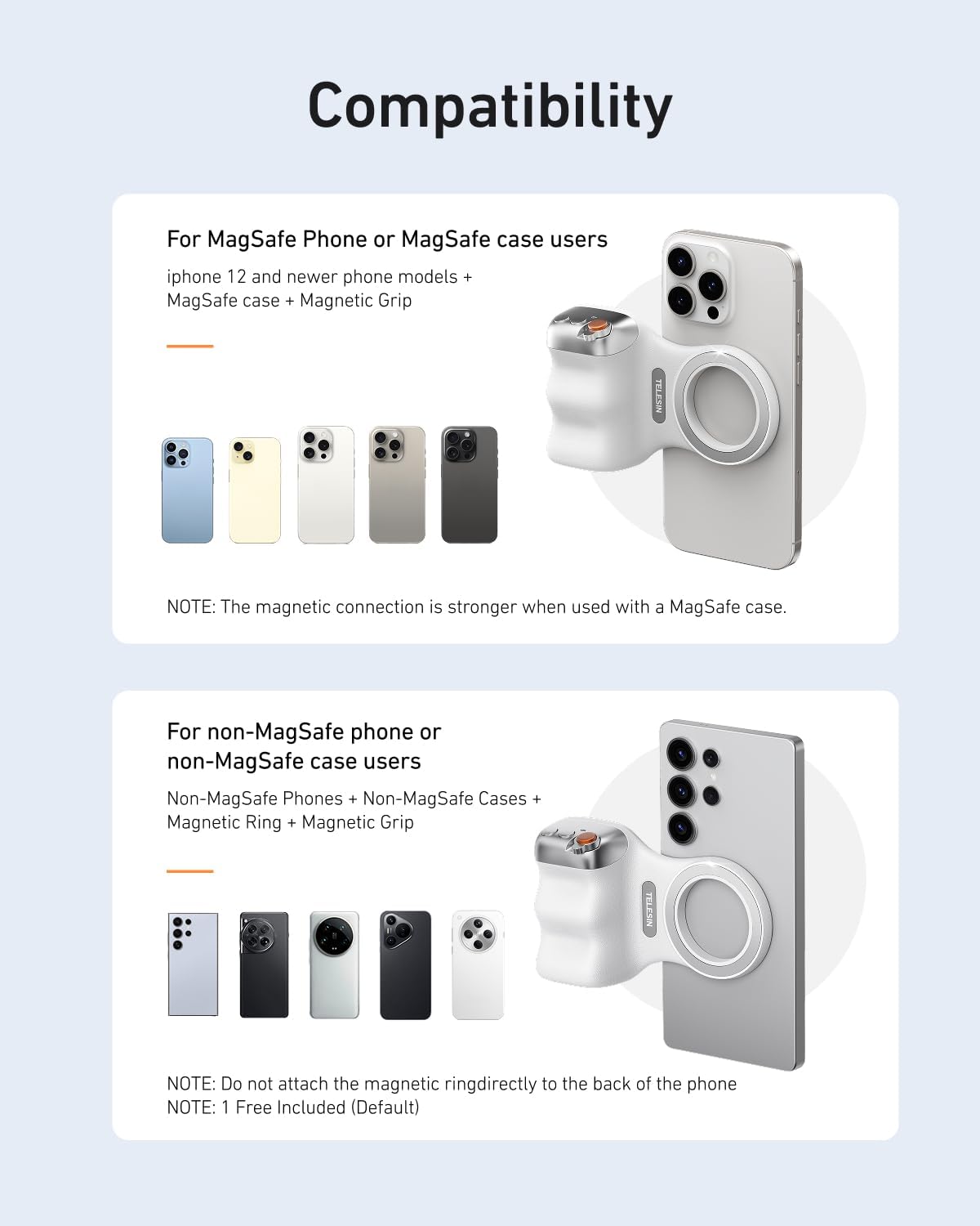 TELESIN Upgraded Magnetic Phone Camera DSLR Style Shutter Grip for iPhone & Android with Anti-Drop Detachable Wireless Shutter Button - 1/4" Screw - FunShot Comfort Ergonomic Camera Grip Handle Holder