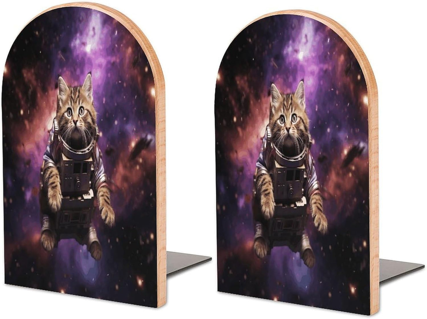 A Cat in Outer Space Bookend for Shelves Wooden Book End Large Size Sturdy Book Holders Stoppers with Metal Base for Bookshelves Slick Decorative Bookends Stands
