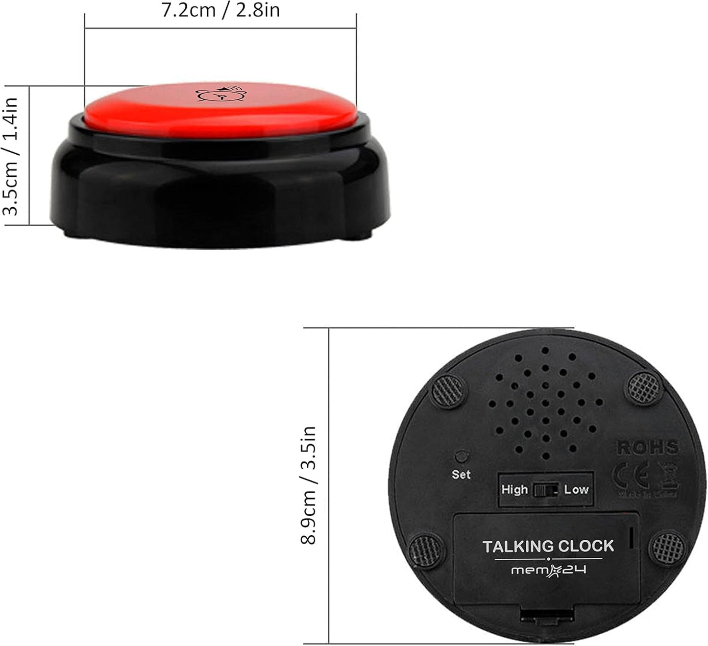 memo24 Talking Button Alarm Clock for The Blind and Visually Impaired, Elderly & Dementia Sufferers. English Male Voice Announces Time/Day/Date, Volume Control Switch, Batteries Included.